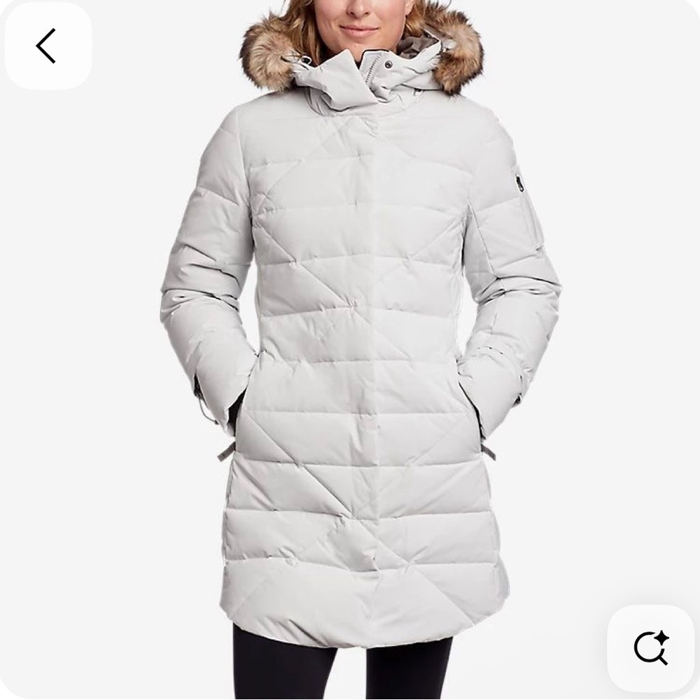 Eddie Bauer Women's White Cement Parka Puffer Coat with Fur Hood